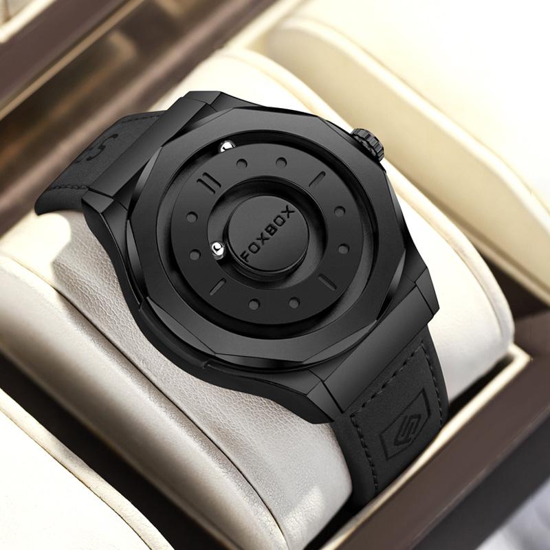 FOXBOX Men's Watches Stainless Steel Quartz Watch Creative Scrolling Pointer Magnetic Force Wrist Clock Relogios Masculino+Box