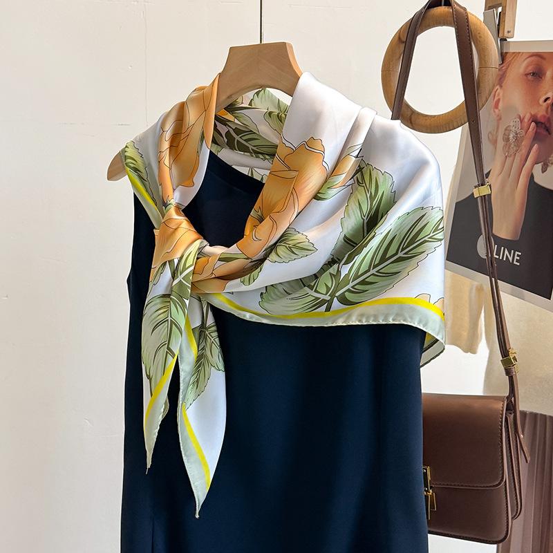 Spring light luxury niche flower print 91 simulated silk square scarf Korean version women's fashionable temperament age-reducing scarf