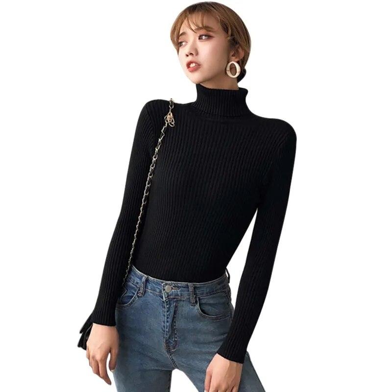 Women's Sweaters Slim Soft Long Sleeve High Neck Knit Pullover Slim Stretch Sweater Tops