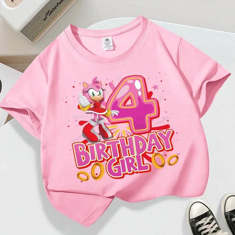 Summer Breathable T-shirts Short Sleeves Shirt Gift Sonics New Pink T-shirt for Girls Birthday Number 1-9 Cute Cartoon White Tee