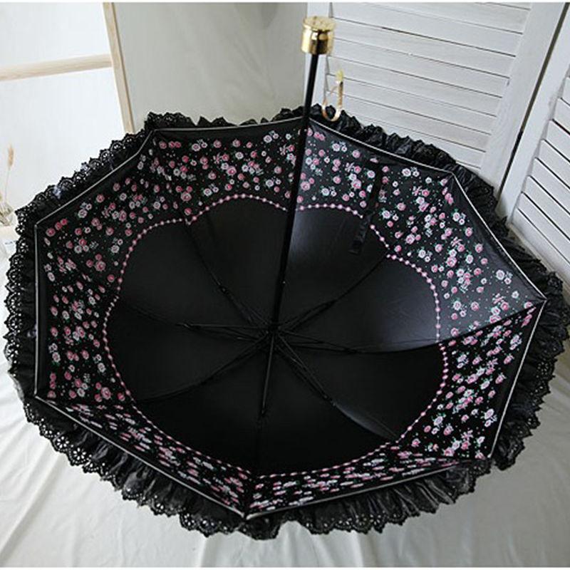 Lace Flower Women Sun Parasol Sunscreen Portable Compact Black Coating Anti UV Rain Umbrella Girl Princess Sunshades Vintage