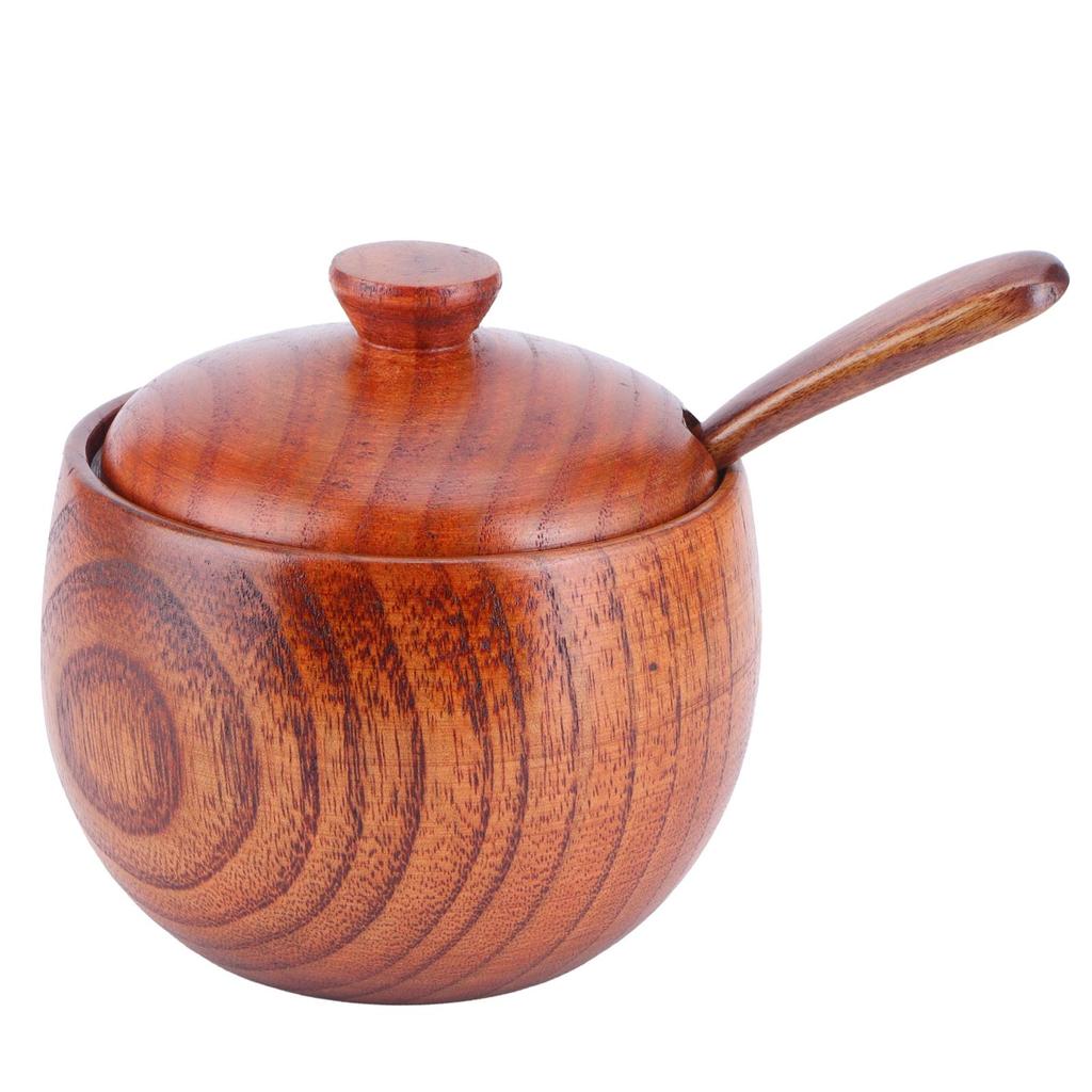 Wooden Salt Box with Lid Spoon Vintage Spice Jar Seasoning Container Cooking Utensil