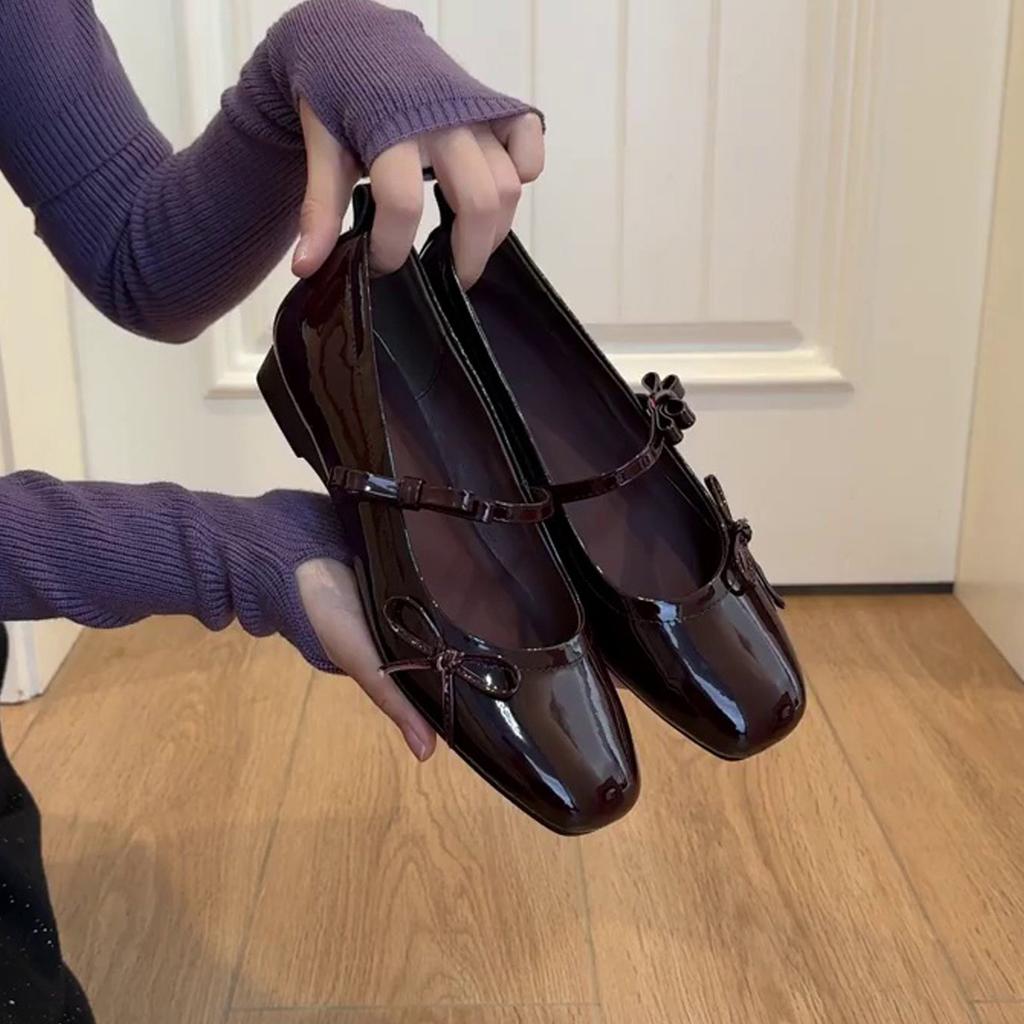 Овчина~ Французские одинарные туфли женские балетки с плоским бантом туфли с открытым верхом вечерние туфли черные ретро туфли Мэри Джейн