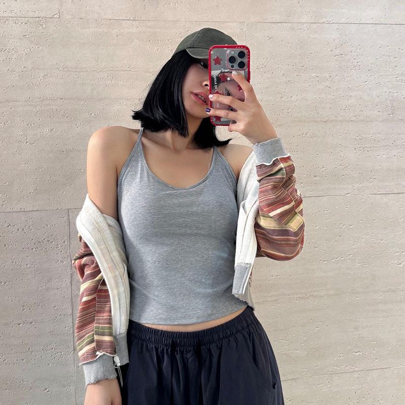 Simple solid color with chest pad, beautiful back, thin belt vest, U-neck outer wear, thin, slim and comfortable inner top P