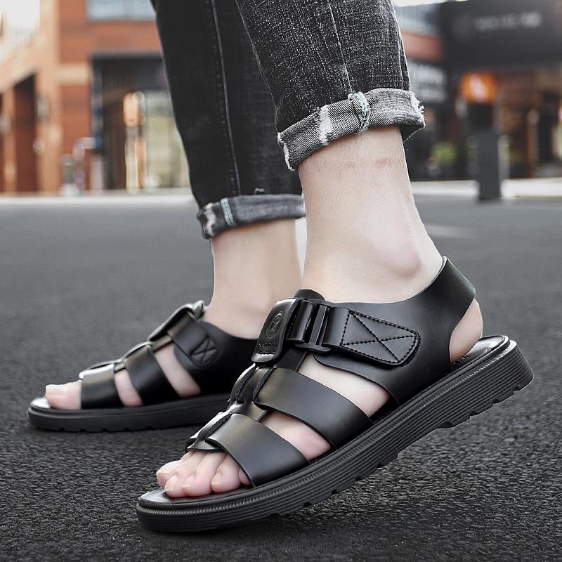 Брендовые сандалии из натуральной кожи с открытым носком на плоской толстой подошве, мужская летняя повседневная обувь, сандалии, модная удобная пляжная обувь