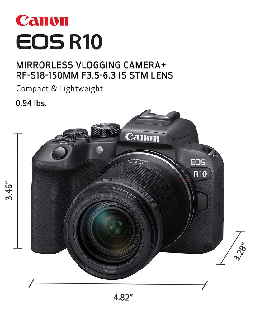 Canon EOS R10 Mirrorless Vlogging Camera with STM Lens 4K DIGIC X Image Subject Black RF-S18-150mm F3.5-6.3 Kit, 24.2MP Video, Processor, High-Speed