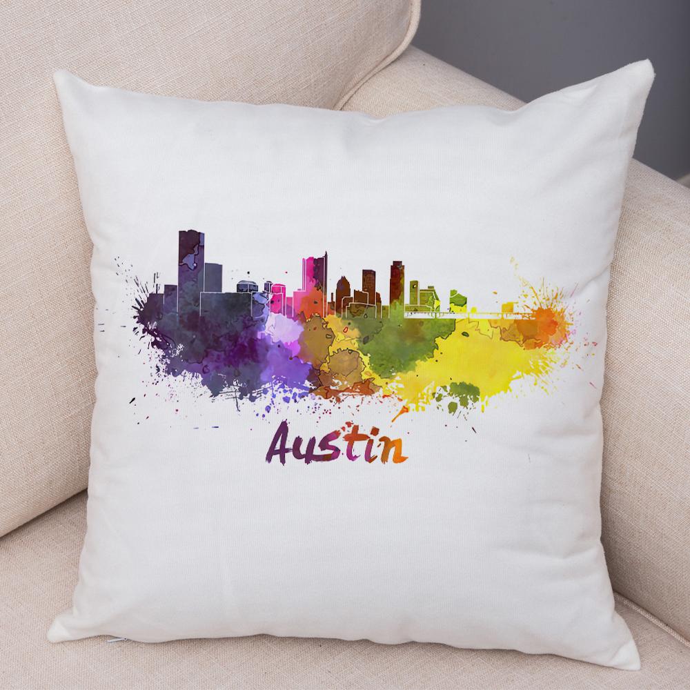 Watercolor City Skyline Cushion Cover Global Landmarks Art Print Soft Linen Living Room Bedroom Home Decor Pillow Case