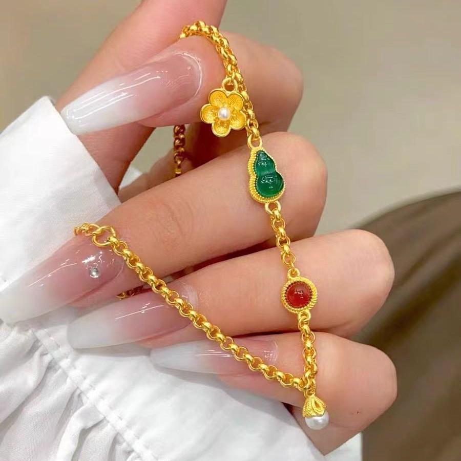 Элегантный золотой браслет в китайском стиле в форме тыквы с зелёными нефритовыми символами и цветочными деталями - Женский ювелирный подарок
