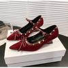 Fashion Retro Designer Red Bowknot Heel Women Shoes Fashion Pointed Toe Rivet Pumps Stripper Party Fotwear Female Wedges Mary Jane Shoes