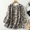 Woman Spring Loose Print Vintage Long Sleeves T-Shirt O-Neck Balloon Sleeves Retro T-Shirt