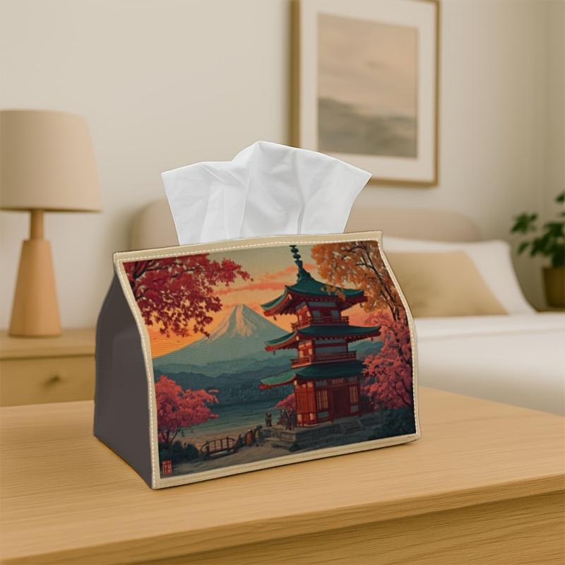 1pc Japanese Temple Art Tissue Box - A Stylish Tissue Holder Featuring an Autumn Landscape, Made from Durable Polyester Fabric, Perfect for Home, Part