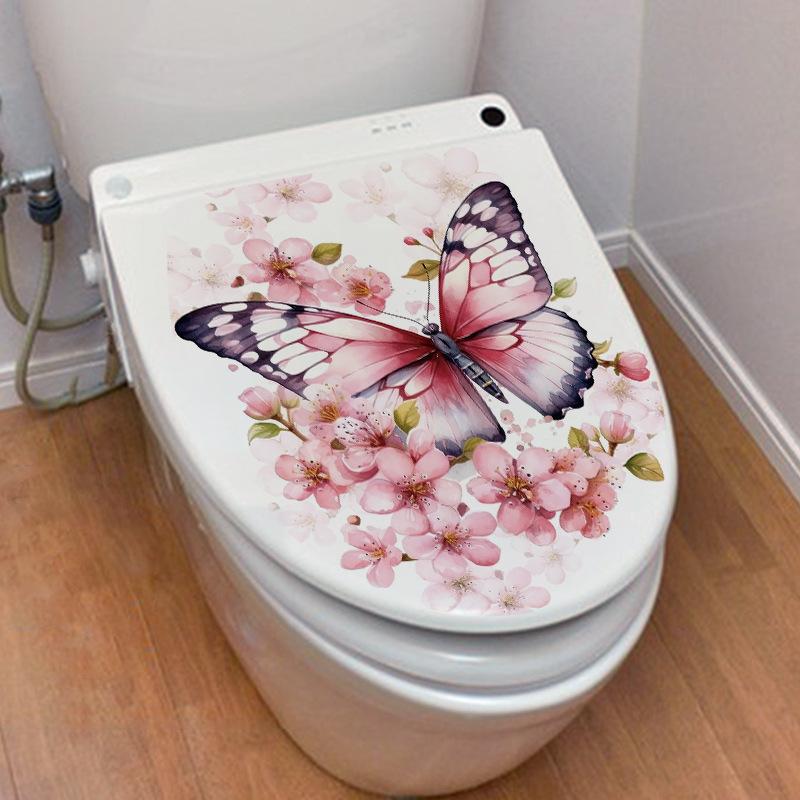 Романтическая бабочка с цветами персика, наклейка на стену, домашняя наклейка на крышку унитаза, украшение, виниловые наклейки, домашний декор