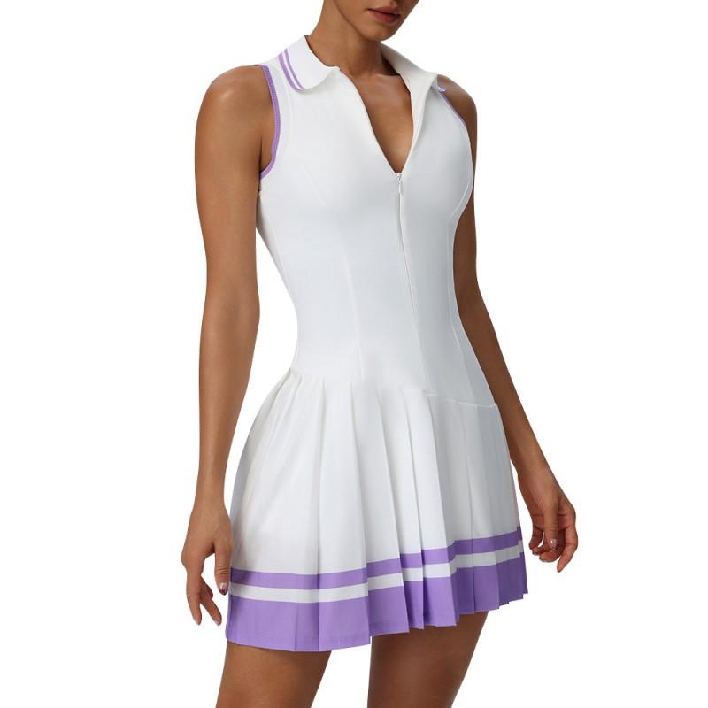 Womens Sleeveless Polo Neck Tennis Dress Set Colorblock Pleated Sporty Skirt Outfit Gym Running Yoga
