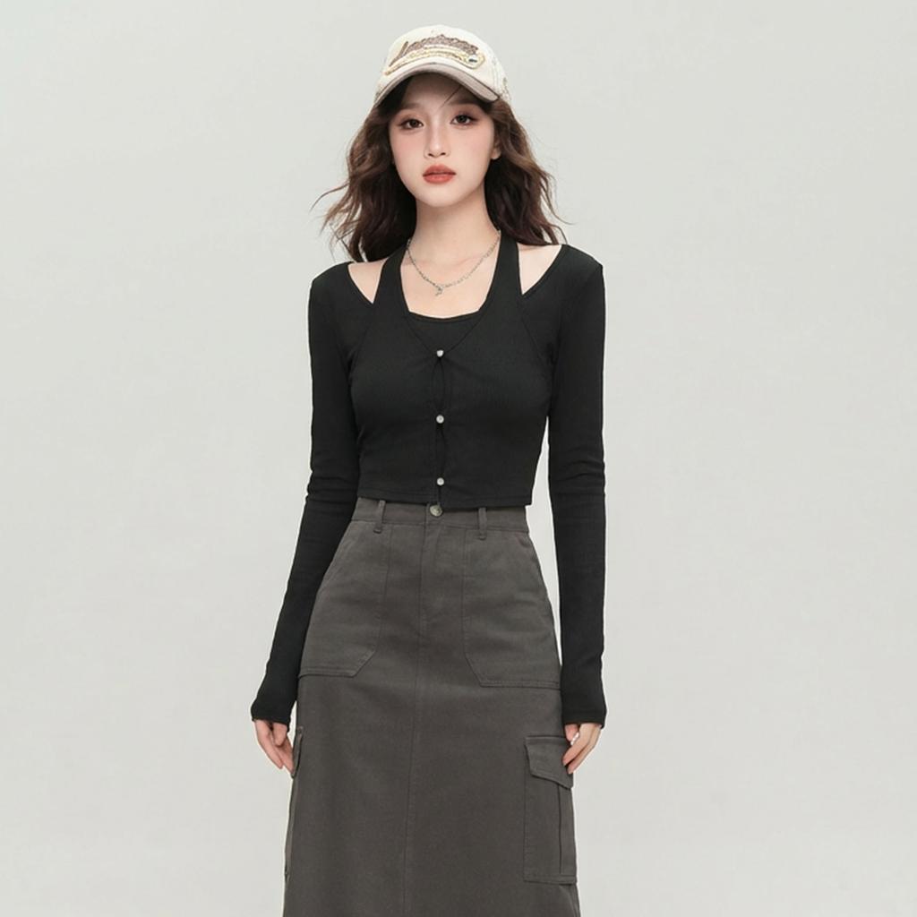Spring solid color casual versatile long sleeved 2026 base T-shirt slim fit and slimming top