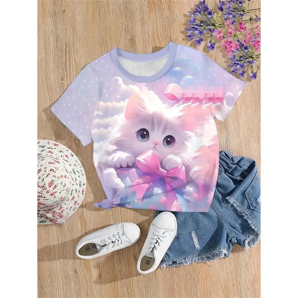 New Funny Animal Cat 3d Print Girls' T-Shirts Party Fashion Short Sleeved Tops Tee 2025 Casual T-Shirts Girls' Clothing