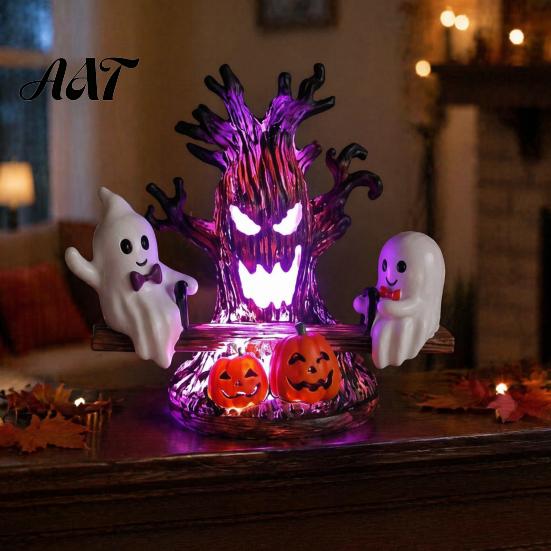 No Battery Required Halloween Light Animated Seesaw Ghost Light, USB Powered 3D Night Cute LED Lamp for Desk with Spooky Tree And Pumpkin Design,