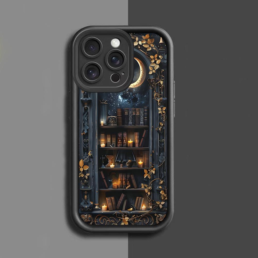 Moon bookshelf pattern mobile phone case suitable for iPhone 17 16 15 14 13 12 11 Pro/ Max /Plus anti-fall and shockproof