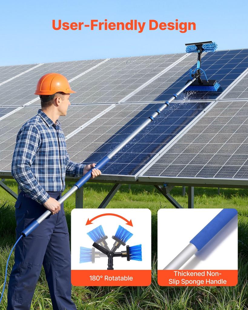 Solar Panel Cleaning Kit, 7.365 m, Water Fed Pole Kit with Cleaning Brush, Soap Dispenser, Extendable Aluminum Telescopic Pole, 180° Rotatable Brush