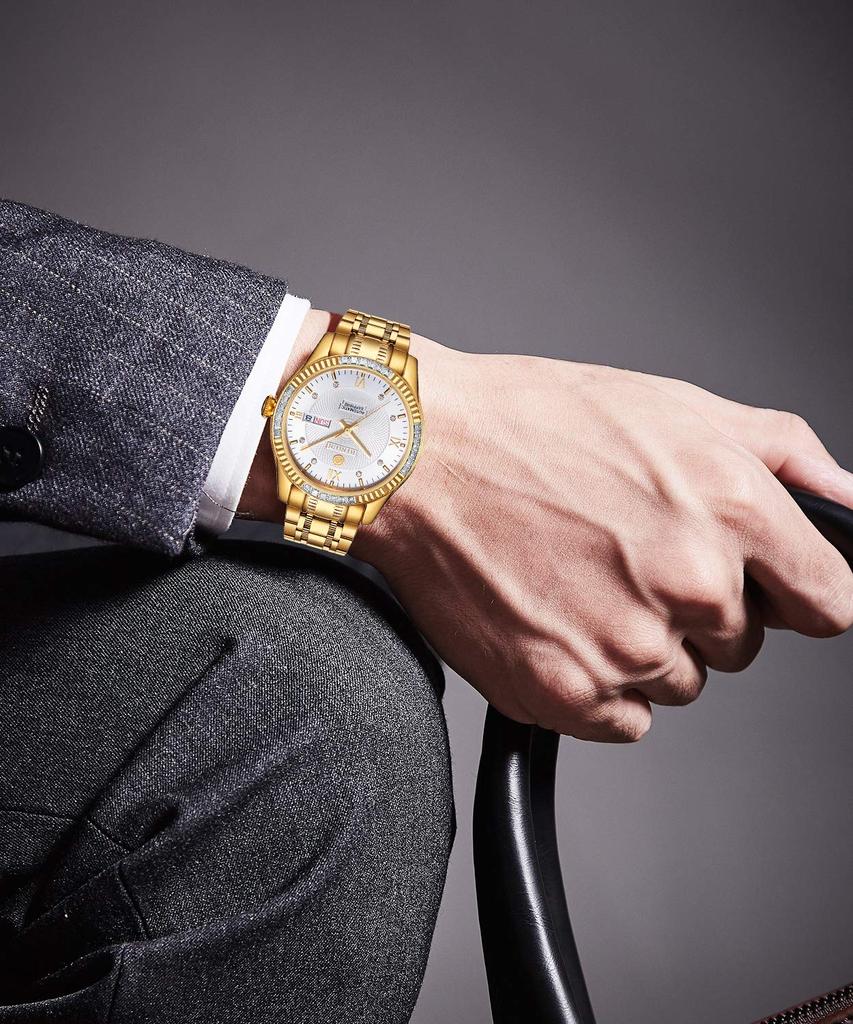 BINLUN Золотые Автоматические Часы Золотые Механические Скелетон Бизнес Часы Водонепроницаемые Аналоговые из Нержавеющей Стали Роскошные Часы для Мужчин Мужские Мужские [Продукт]