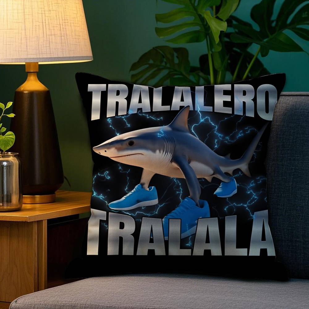 Italian Brain Rot Meme Tralalero Tralala Pillow Case Happy Atmosphere Short Plush Double-sided Printing Home Cushion Cover