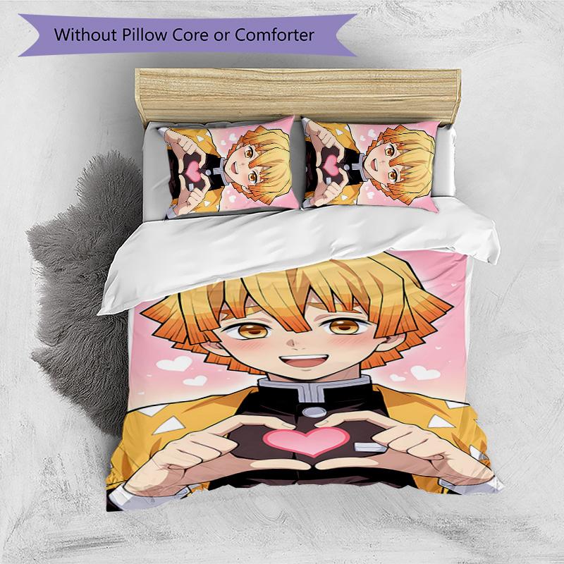 3pcs Nezuko Demon Slayer Agatsuma Zenitsu pattern bedding set duvet cover set includes duvet cover &pillowcases,perfect all season bedroom decoration&