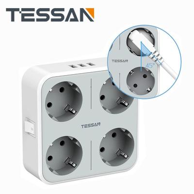 Tessan Удлинитель с 4-сторонними розетками и 3 портами USB (5В/2.4А), Удлинитель настенной розетки ЕС с защитой от перегрузки вкл/выкл для смартфона, ноутбука