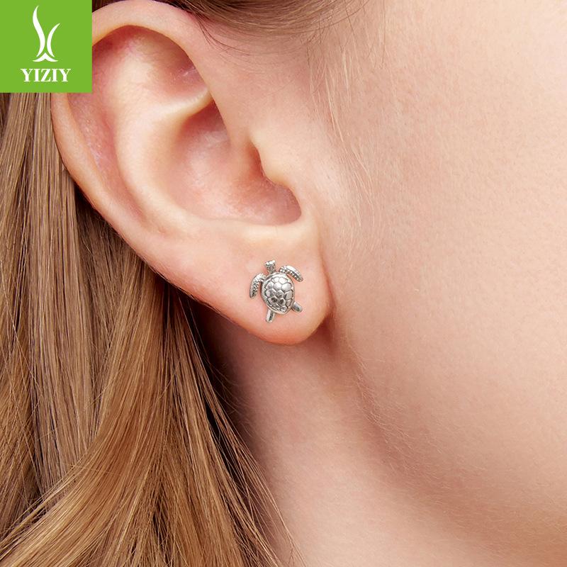 Personalized Turtle Plain Silver Stud Earrings For Men And Women Retro Texture S925 Sterling Silver Stud Earrings