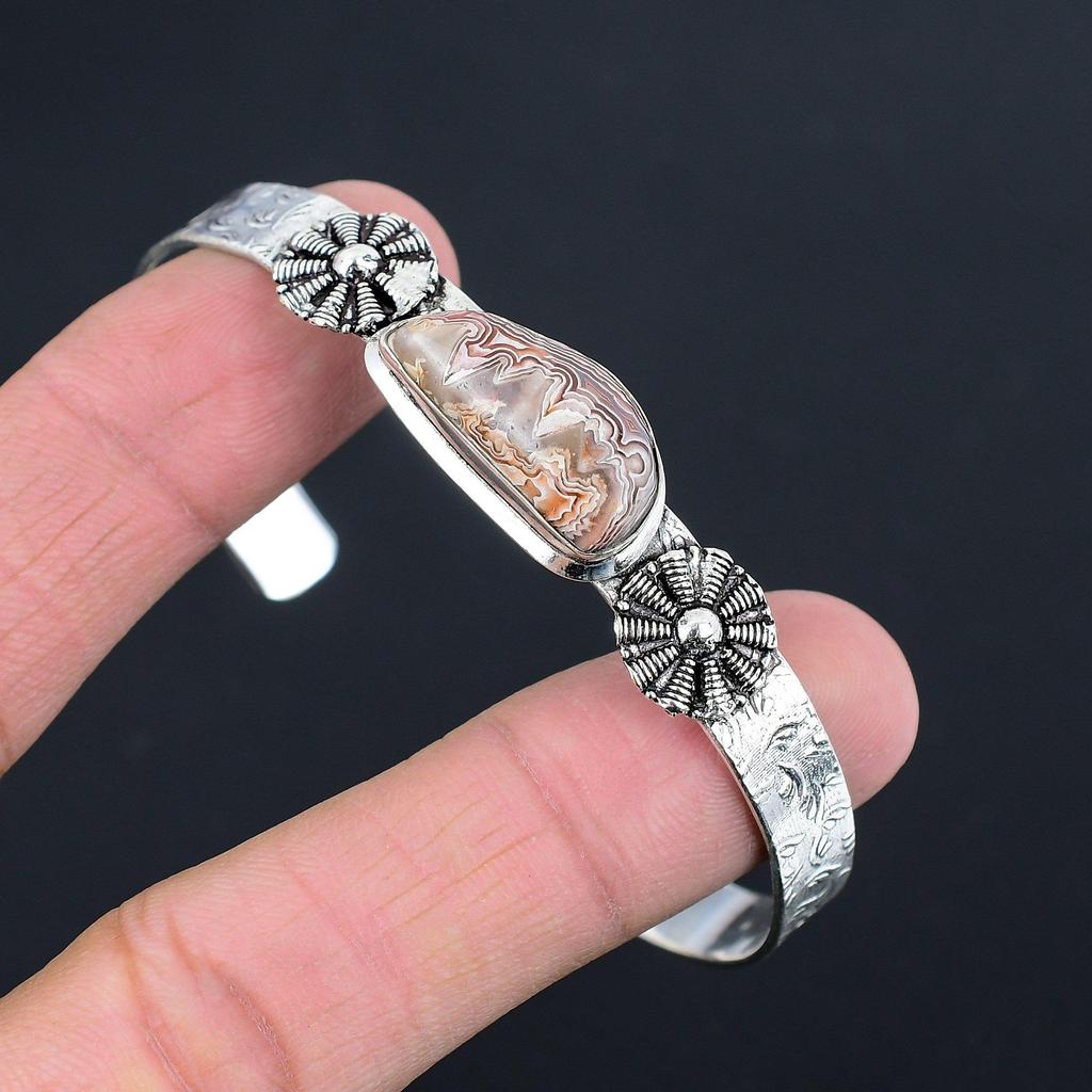 Natural Crazy Lace Agate Gemstone Bangle Red Adjustable 925 Sterling Silver