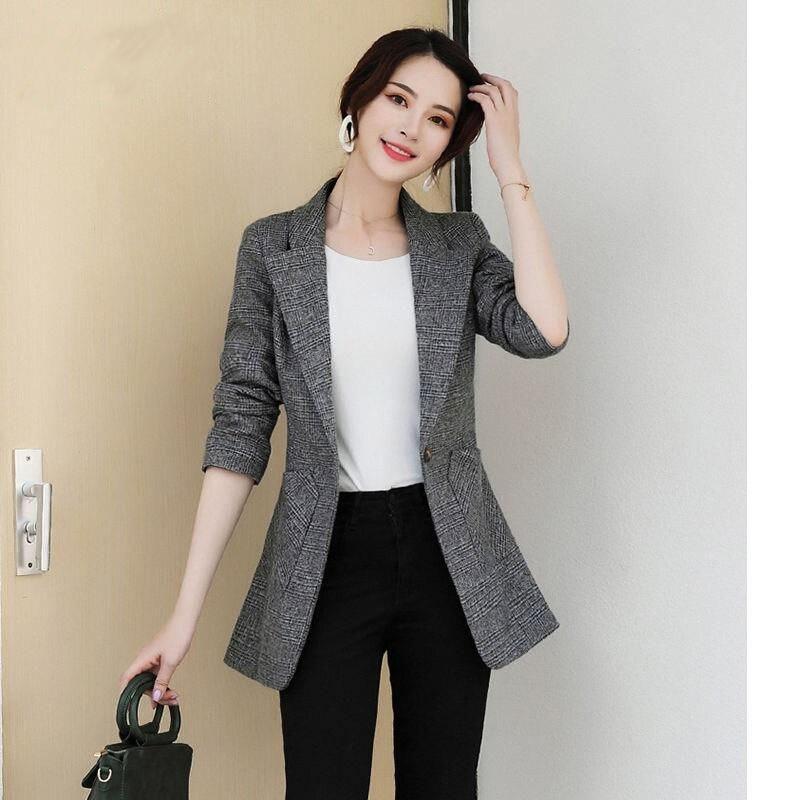 Women Spring Autumn Plaid Blazer Long Sleeve Slim Checked Coat Formal Jacket Office Suit Lady Outerwear