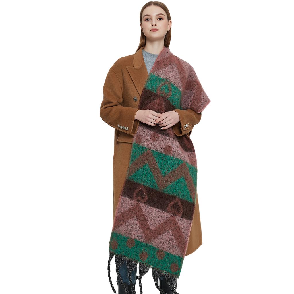 Female Warm Shawl Autumn Winter Thick Love Wave Print Scarf Tassel