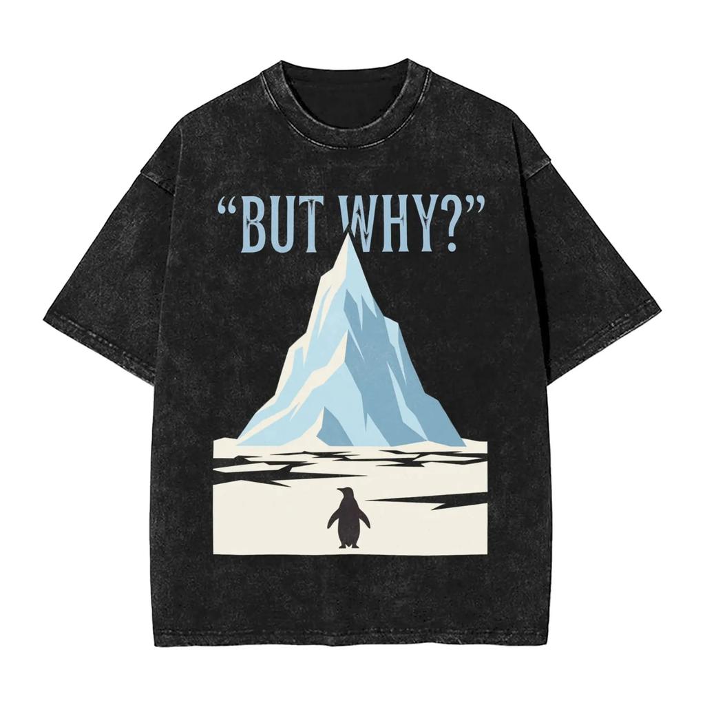 Funny Meme Penguin But Why Graphic Print Tshirt Unisex Women Vintage Washed Cotton Summer New Tee Harajuku Fashion Oversized Tops