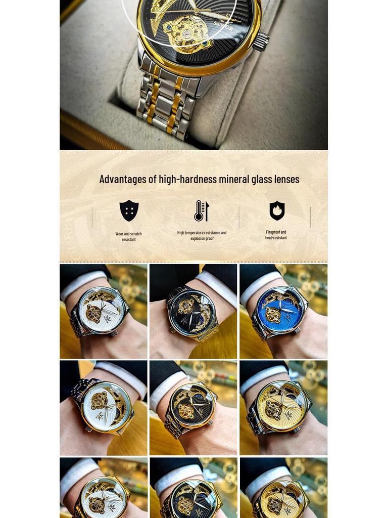 SEWOR Мужские полуавтоматические скелетонизированные часы-турбийон, светящиеся, водонепроницаемые, ретро, деловые