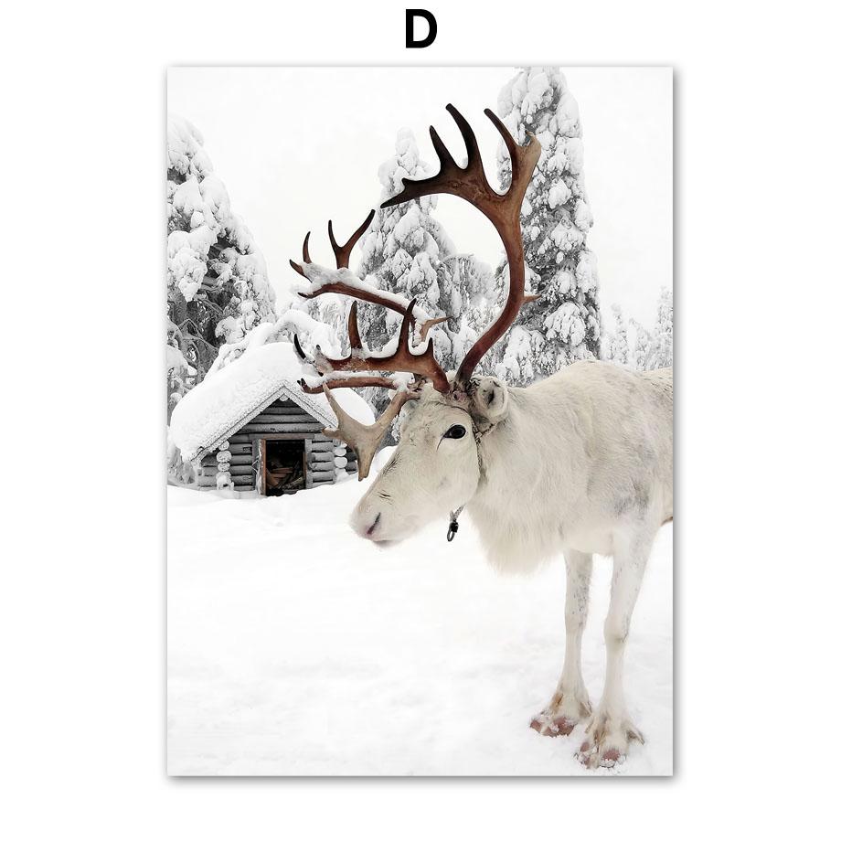 Настенная картина на холсте, зимний снег, дом, сосновый лист, северный олень, плакаты на скандинавскую тему и принты, настенные панно для декора гостиной