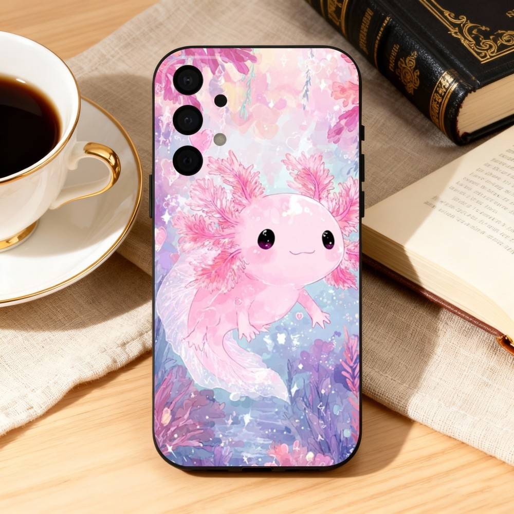 Cute C-Cartoon Axolotl Phone Case For Samsung Galaxy A73,A72,A71,A70,A53,A52,A51,Soft Silicone Black Cover