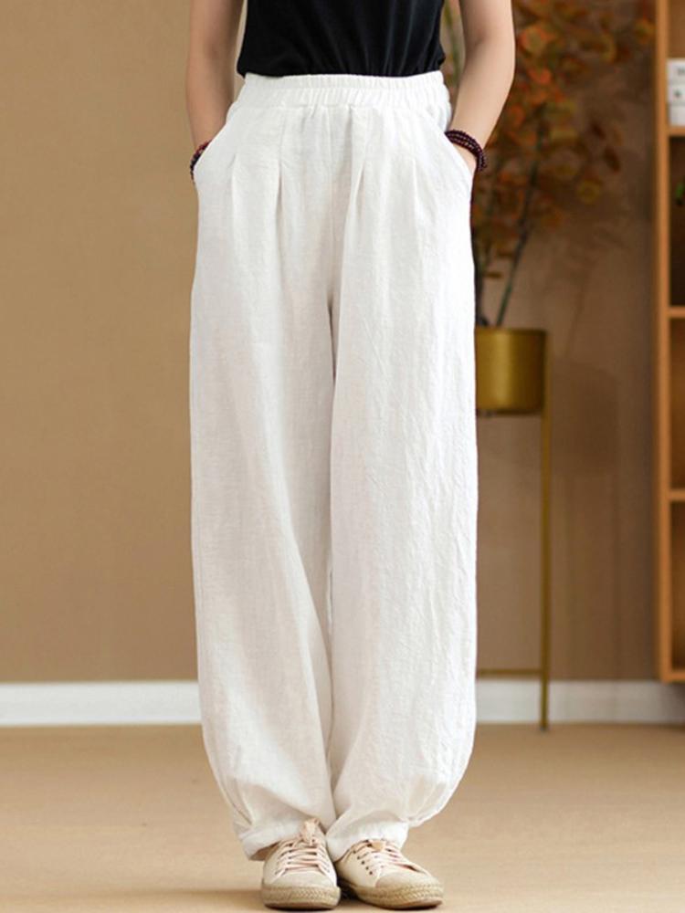 Johnature Women Loose Cotton Linen Casual Pants Solid Color Elastic Waist Lantern Pants Spring Female Trousers