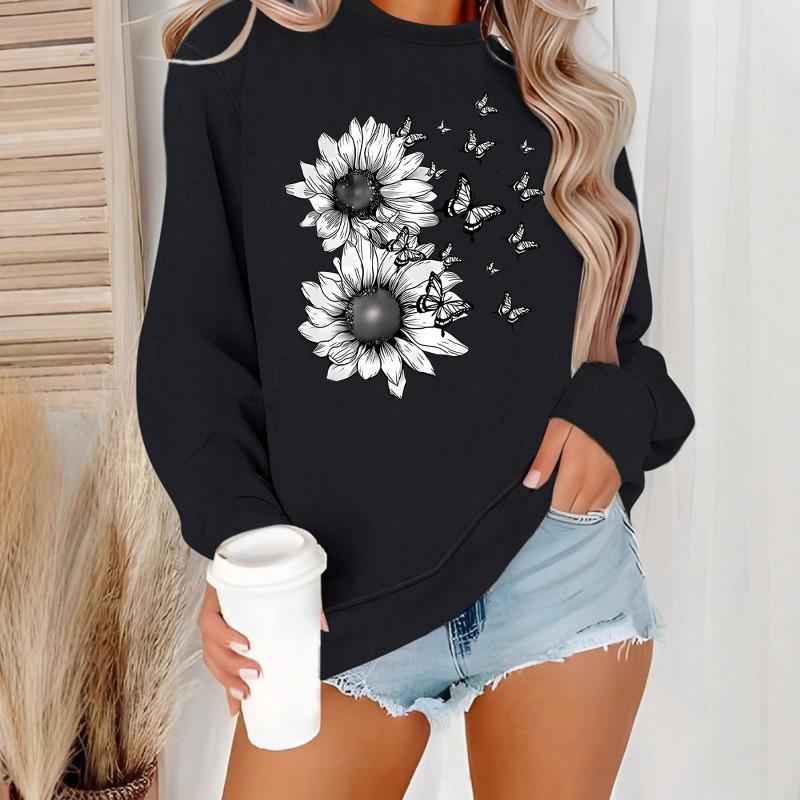 Womens Floral Print Hooded Sweatshirt Loose Fit Casual Pullover Fall Winter