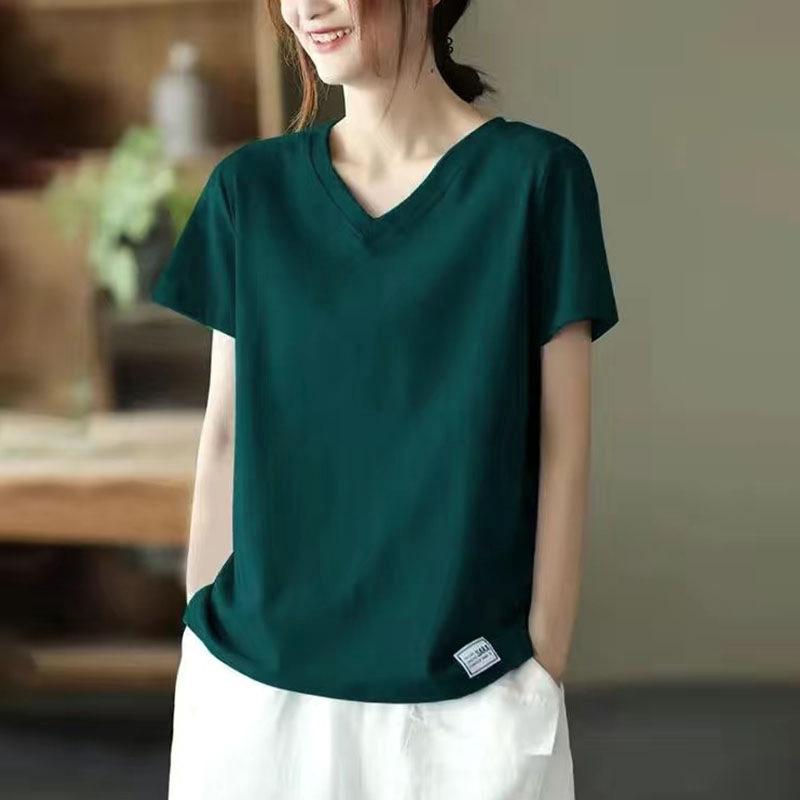 Футболка, закрывающая живот, свободная, с коротким рукавом, летняя, новая, универсальная, с V-образным вырезом, с надписью, женская