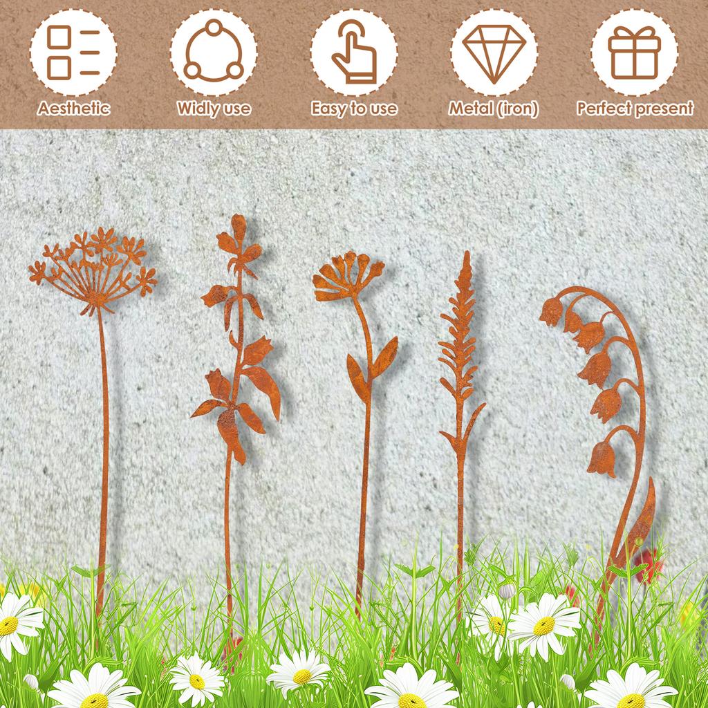 5Pcs Simulated Plants Metal Garden Stake Lawn Ornament Statues Vintage Iron Art Crafts Courtyard Garden Lawn Stake Decorations