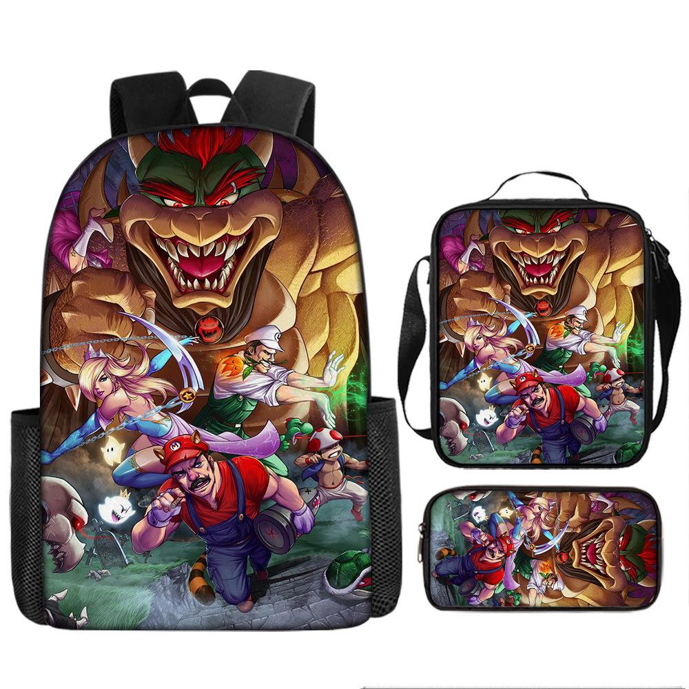 Large Capacity Backpack Set Super Mario Graphic Kids Backpack School Bag 3-Piece Set for Children