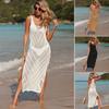European & American Summer Beach Dress: Women's Solid Color Sexy Knit Bikini Cover-up with Hollow-Out Design
