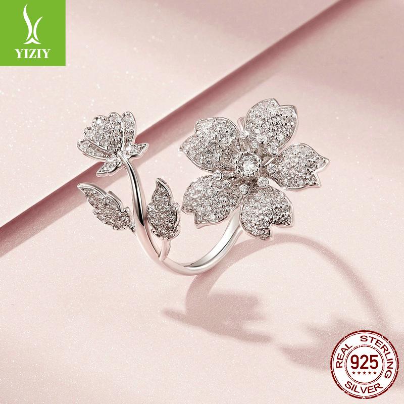 S925 Sterling Silver Cherry Blossom Opening Adjustable Ring, Full Of Zircon Premium Flower Ring Jewelry.