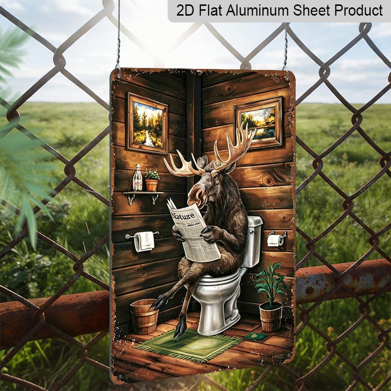 2D Плоский - «Лось Читает Газету» Смешной Туалет 2D Плоская Алюминиевая Табличка - Сельский Декор Ванной Комнаты Декор Ванной Комнаты, Сельский Туалет, Туалет в Стиле Фермерского Дома