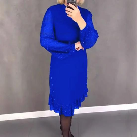 Женское платье миди с длинными сетчатыми рукавами-фонариками и оборками в горошек, свободный однотонный цвет, длиной до колена, с круглым вырезом, для женщин среднего возраста, для поездок на работу и за покупками