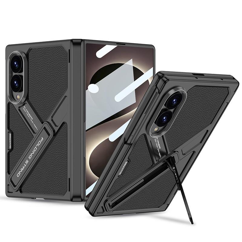 Galaxy Z Fold8 Case Full Coverage PC Shell With Stand Vegan Leather Back Magnetic Hinge Protection Drop Resistant