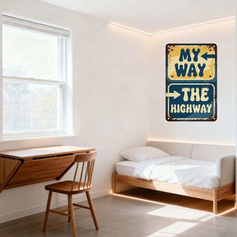 Vintage 'My Way, The Highway' Metal Tin Sign Blue Yellow Rustic Wall Plaque for Bar Man Cave Home Decor Aged Retro Art Decoratio