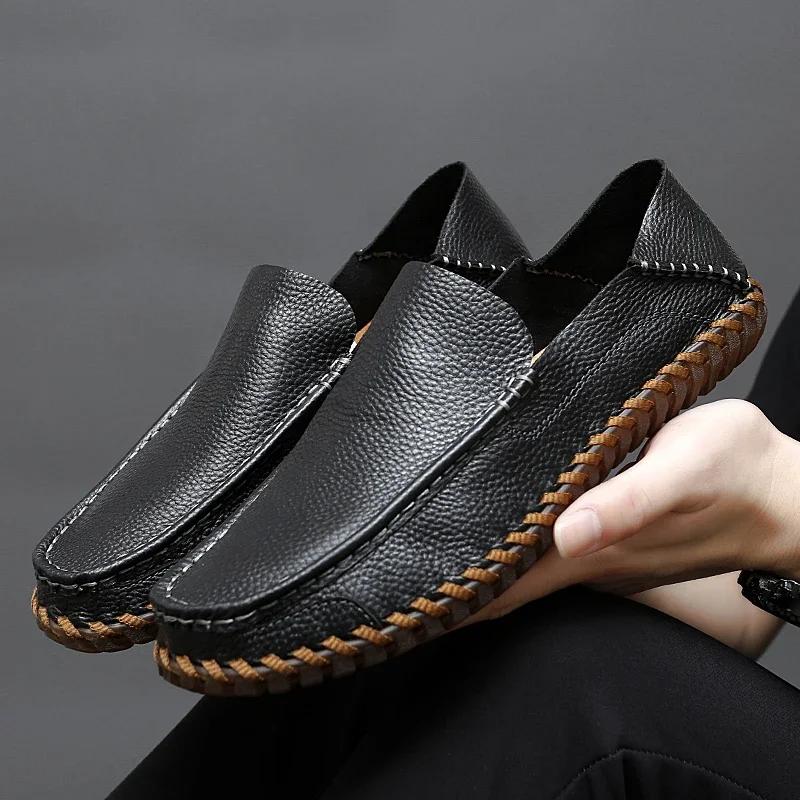 Handmade Men's Slip-Ons Leather Loafers for Casual Fashionable Comfortable Waterproof Walking Travel Suitable For All Seasons