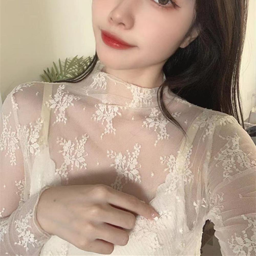 Long Sleeve Lace Bottomed Blouse Hollow Lace Floral Shirts Elegant See Through Tops Girls