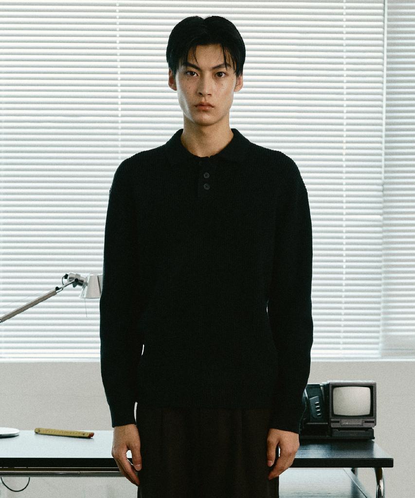 LEDEPT Cashmere Blending Hacci Button Collar Knit [Black]