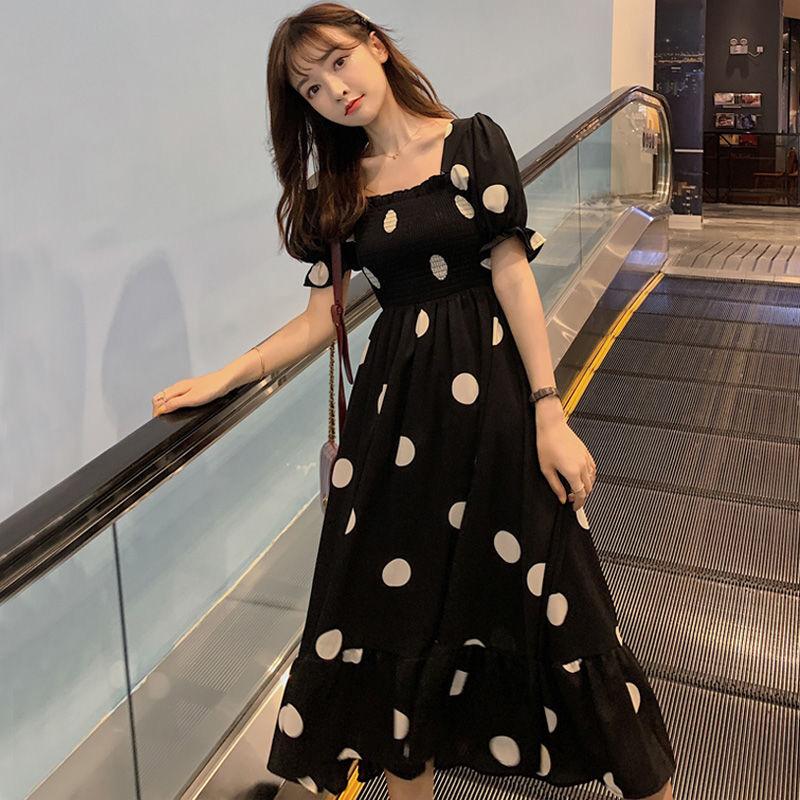 Женское летнее платье в горошекПлатье, прикрывающее живот и стройнящее, для отдыха, в милом консервативном стиле, с вырезом на спине, сказочная юбка, уменьшающее возраст, для поездок на работу