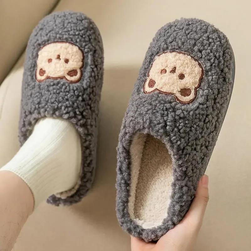 New Women Home Slippers Men Furry Indoor Bedroom Flats Warm Plush Couples Winter Floor Slides Non-slip Shoes Comfortable Autumn